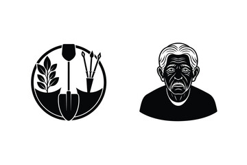 Elderly man and symbolic garden tools illustration in black and white style