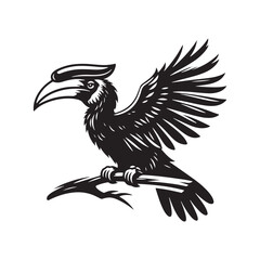 Hornbill Vector Silhouette, Exotic Tropical Bird Design, Majestic Avian Outline, Nature-Inspired Wildlife Art, Distinctive Beak Illustration, Jungle Icon.