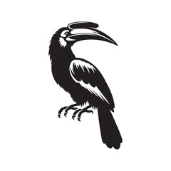 Hornbill Vector Silhouette, Exotic Tropical Bird Design, Majestic Avian Outline, Nature-Inspired Wildlife Art, Distinctive Beak Illustration, Jungle Icon.