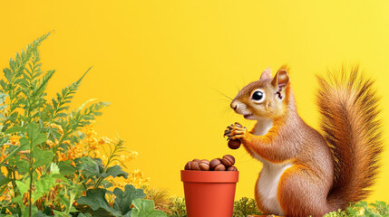 Cute squirrel holding nuts in its paws, surrounded by vibrant yellow background and green foliage, evokes cheerful and playful atmosphere