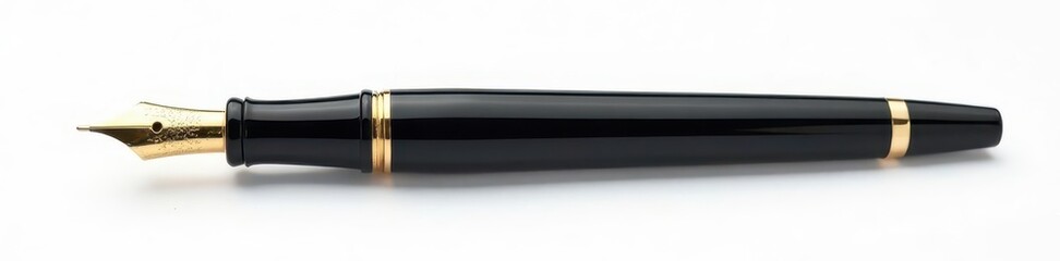 Glossy black fountain pen with gold nib, isolated on white , black pen, writing, elegant