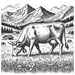 cow grazing in an alpine meadow, with mountains, a farmhouse, and wildflowers in the background, drawn in an engraved style sketch engraving generative ai vector. Scratch board. Black and white image.