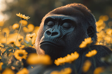 A Gorilla’s Calm Gaze in the Golden Sunrise – Portrait of Strength and Serenity in the Wild.
