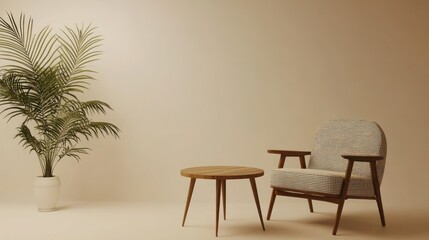 Relaxing armchair, side table, plant, beige room, interior design