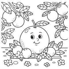  Coloring page of a ripe orange with flowers and leaves, perfect for fruit and nature-related content.