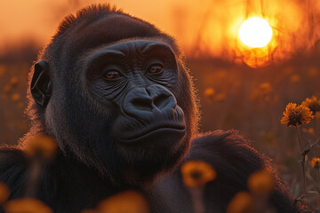 A Gorilla’s Calm Gaze in the Golden Sunrise – Portrait of Strength and Serenity in the Wild.
