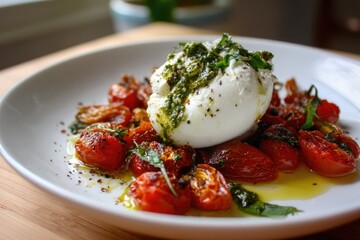 Burrata with pesto and blistered tomatoes --ar 3:2 --v 7 Job ID: b09b72bc-2e30-40a1-9de2-e62127098c11