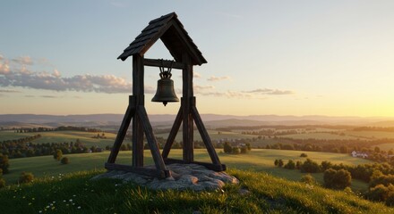 Naklejka premium Rustic bell on hill at sunset overlooking scenic countryside landscape