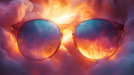 Abstract image of sunglasses surrounded by swirling colorful textures and mist-like accents