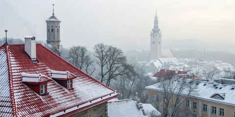 Obraz premium Snow-covered rooftops and towers in a misty medieval town