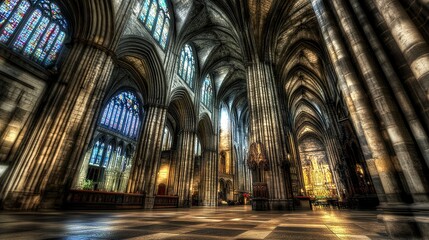 Fototapeta premium Interior of an old cathedral, soaring stone arches and vaulted ceilings bathed in dim light, intricate stained glass windows cast colorful reflections, wide-angle shot captures vastness and reverence.