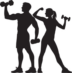 Silhouette of Fit Couple Exercising with Dumbbells – Strength, Workout, Fitness Training