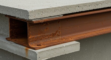 Rusty steel beam supporting concrete slabs: close-up of industrial construction detail
