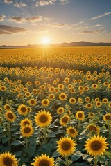 Fototapeta premium Vast sunflower field, blossoms facing sunlight , yellow, summer, photography