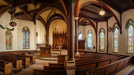 Fototapeta premium Interior of an old church, soft natural light streams through stained glass, highlighting ornate wood carvings and weathered stone columns, panoramic shot captures timeless elegance. 