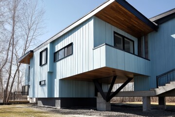 Cantilevered upper floor with light blue siding 