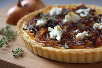 Caramelized onion tart with goat cheese --ar 3:2 --v 7 Job ID: 87364f6f-9ce8-4e67-bb1f-569a6a864a15
