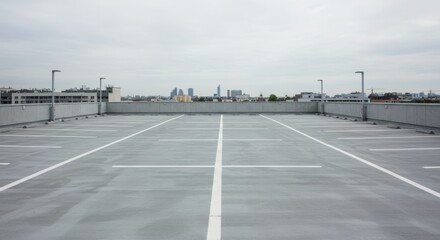 Empty urban rooftop parking lot with city skyline in background under cloudy sky