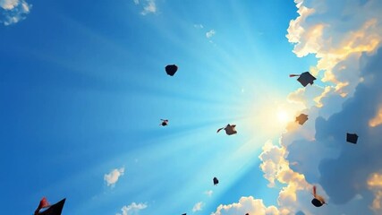 A celebratory and uplifting scene showing multiple black graduation mortarboard caps being thrown high into a vibrant blue sky filled with white, fluffy clouds. Bright sunlight streams down, creating 