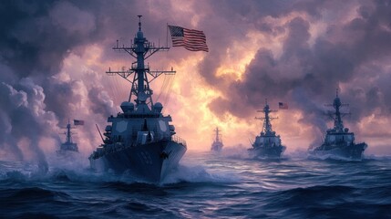 Obraz premium Naval ships in stormy seas at dawn