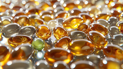 Shiny capsules in golden and amber tones on reflective surface