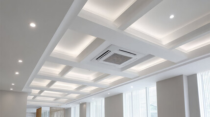 Modern office interior features ceiling with built in air conditioner and recessed lighting creating bright and clean workspace atmosphere with contemporary design elements
