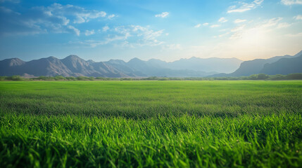 Fototapeta premium Serene green field under a vibrant sky majestic mountains in the distance Peaceful nature scene