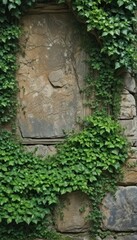 Naklejka premium Ancient stone, ivy-covered, weathered texture, green foliage, flora, spring