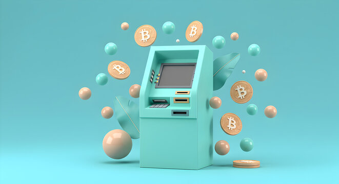 Mint Green Atm Machine Surrounded by Digital Gold Coins Spheres and Abstract Leaves in Modern Cryptocurrency Concept