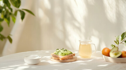 wholesome breakfast scene featuring avocado toast, glass of herbal tea, and fresh fruits on white tablecloth, evoking health and detox vibes
