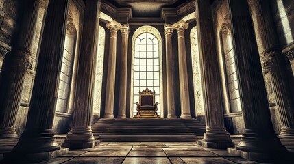 Obraz premium Intricate throne room, wide stone steps ascend to a throne surrounded by grand columns, dim light filters through high windows, dynamic low-angle view emphasizes height and detail