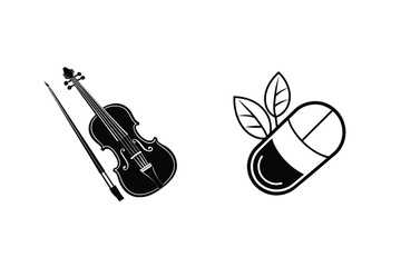 Silhouette illustration of a violin with bow and a natural medicine pill with leaves