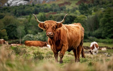 autumn Scottish Highlands, UK, Highland cow grazing in Scottish hills