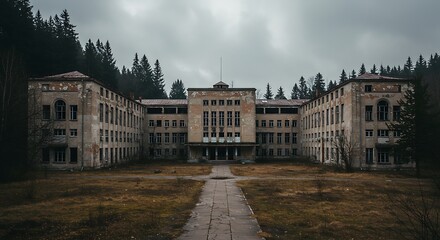 Dilapidated Building Exterior Surrounded by Trees Under Cloudy Sky