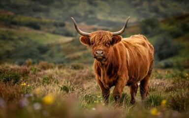 autumn Scottish Highlands, UK, Highland cow in moorland meadow