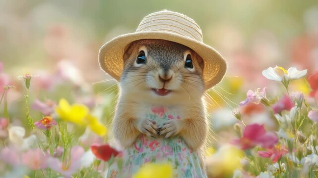 Cute rabbit in a floral dress and sun hat enjoys a sunny day in a vibrant garden filled with flowers