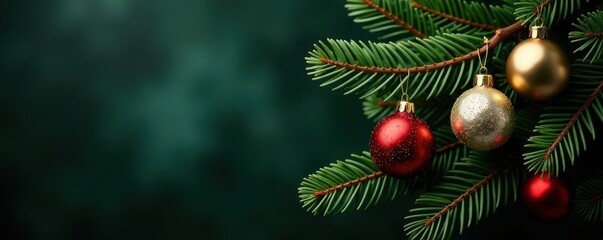 Dark green pine branch adorned with gold, red, & white ornaments , evergreen, decor, holiday
