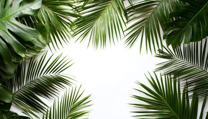 Fresh Green Palm Leaves on a White Background with Copy Space Available