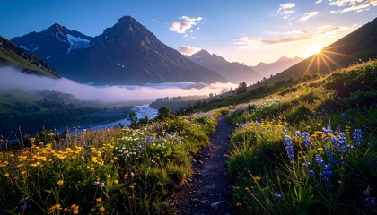 Fototapeta premium Sendero de la ladera dorada que conduce a las montañas, el río y las flores silvestres en flor; hermoso paisaje natural de la cordillera cubierta por una espesa niebla.