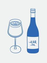 Hand-drawn wine illustrations. Line art, ink, minimalist style. Vector illustration. Summer collection.