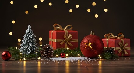 Festive Christmas Presents and Decorations on Wooden Surface