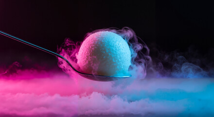 Ice cream sphere floating on a spoon in colorful mist  
