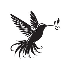 Hummingbird Vector Silhouette, Elegant Avian Design, Delicate Wings in Motion, Nature-Inspired Bird Art, Tiny Bird Illustration, Flying Jewel.
