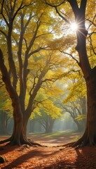 Ancient trees, dappled sunlight, whispering leaves, tranquil, detail, dark