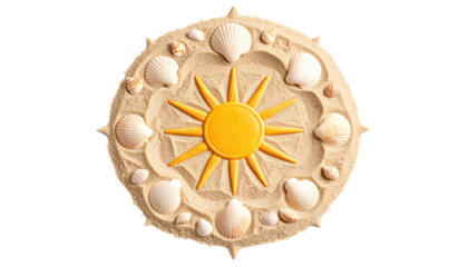 Intricately designed sun mandala created in sand, adorned with seashell accents, capturing the essence of coastal artistry and natural symmetry, isolated on a solid white background Png