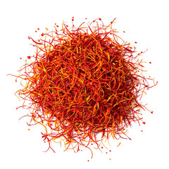 Naklejka premium Close-Up of Premium Saffron Threads in Wooden Spoon on Dark Red Background
