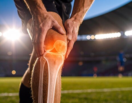 orange color spot on knee pain x-ray bone, soccer player in action stadium,  close up body part, rim light, night background