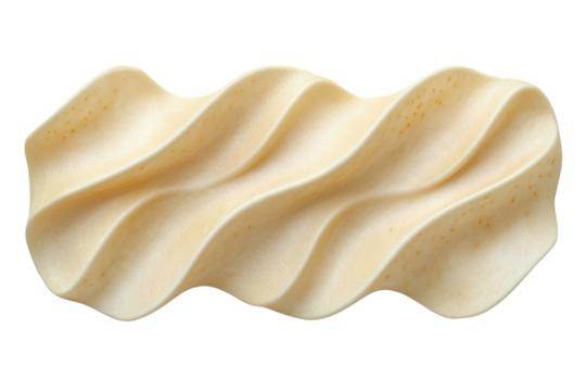 Wavy ribbed buttercolored block with a slightly speckled texture against a black backdrop