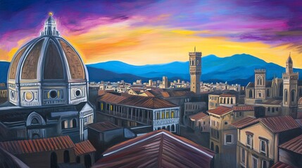 Obraz premium Majestic Duomo in Florence, the dome and bell tower framed by a vibrant twilight sky, intricate facades glowing softly, centered perspective. 