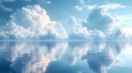 Blue and white cloud and wave textures mirrored on a still surface with soft ambient lighting